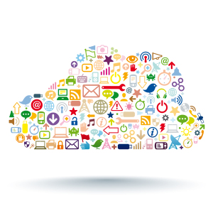 Application and computer icons forming the shape of a floating cloud